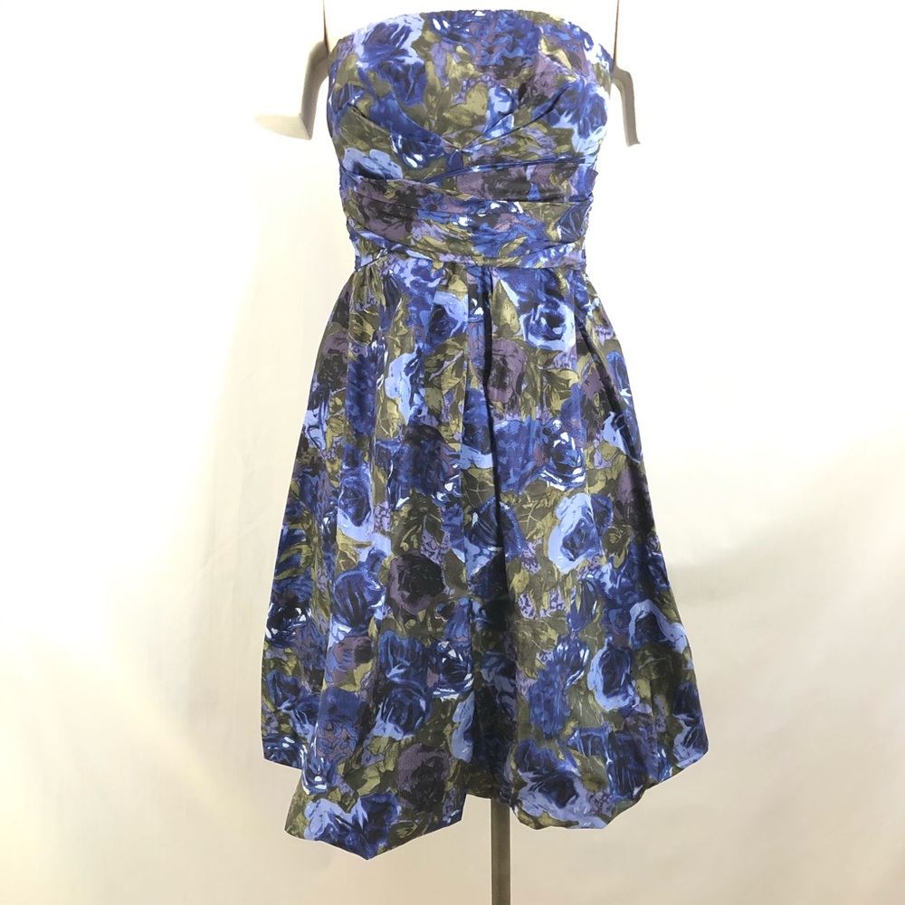 Donna Ricco Strapless Dress Blue Floral Silk Sz 4 A-line Tea length